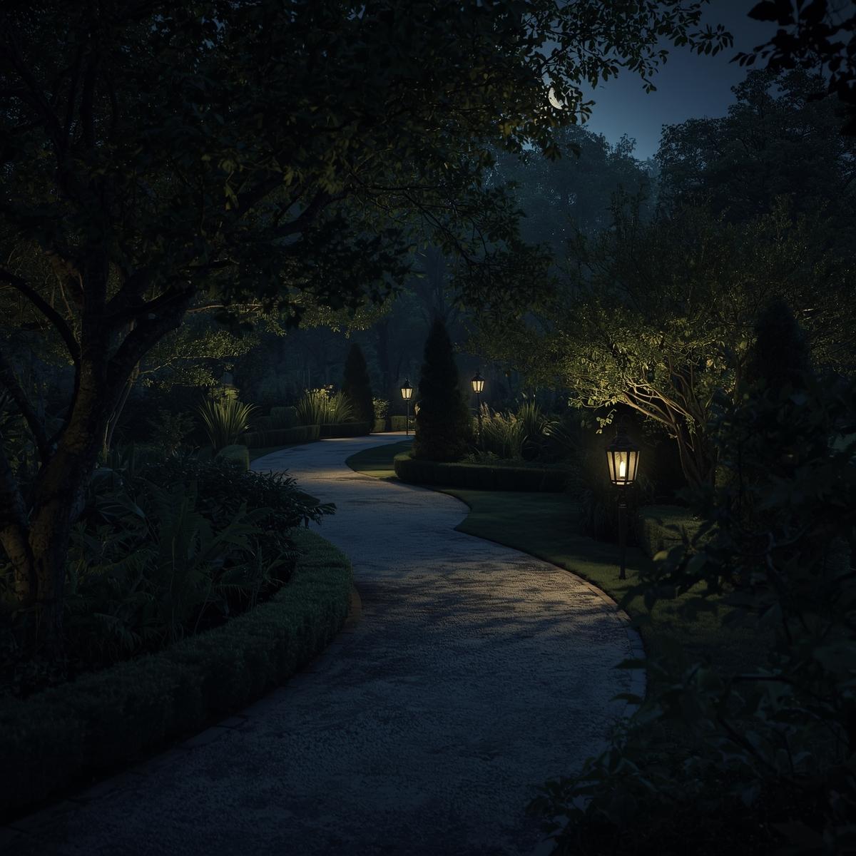 Trädgårdsstig på natten